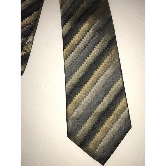 Van Heusen Mens Neck Tie Silk Handmade Metallic Gold Silver Geometric Stripe - Picture 2 of 5